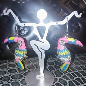 Colorful Toucan Earrings Pink Blue Yellow Silver